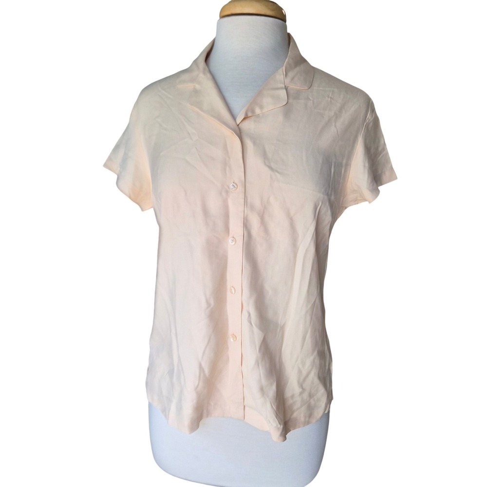 Ann Taylor LOFT Womens 10P Peach 100% Silk Short Sleeve Button Down Blouse Top
